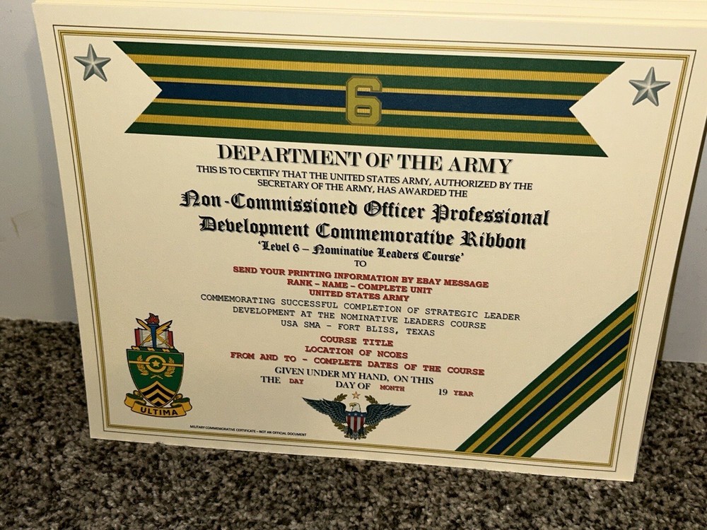 NCO PROFESSIONAL DEVELOPMENT LV-6 COMMEMORATIVE CERTIFICATE ~ W/PRINTING TYPE-1