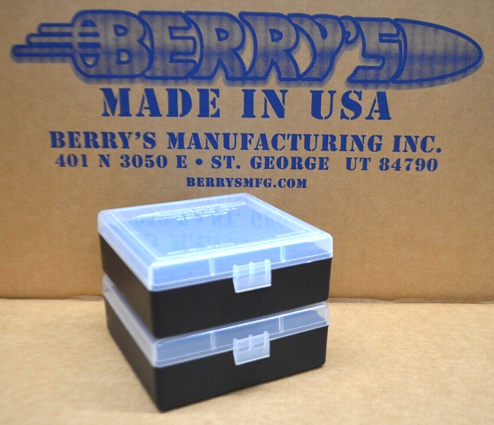 38 / 357 BERRY AMMO BOXES 100 ROUND STORAGE & RELOADING (2-Pack CLEAR / BLACK)