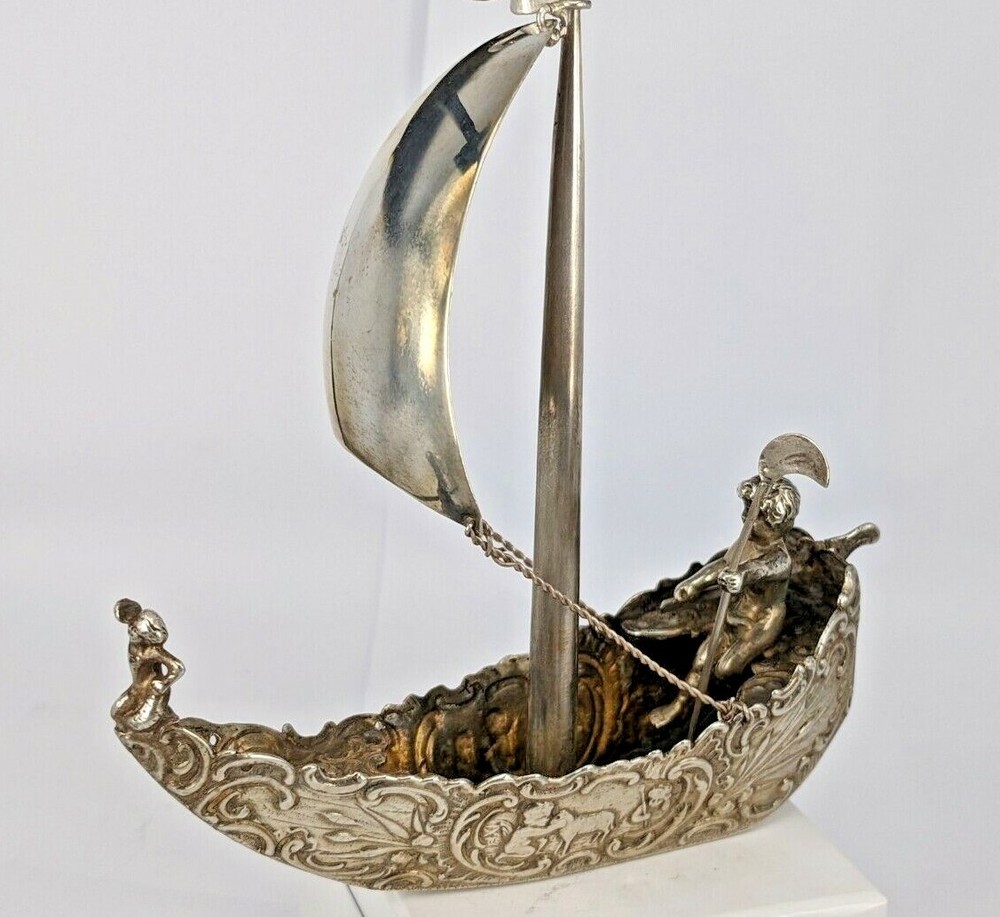 Miniature Hanau solid silver cherub sail boat Circa 1900