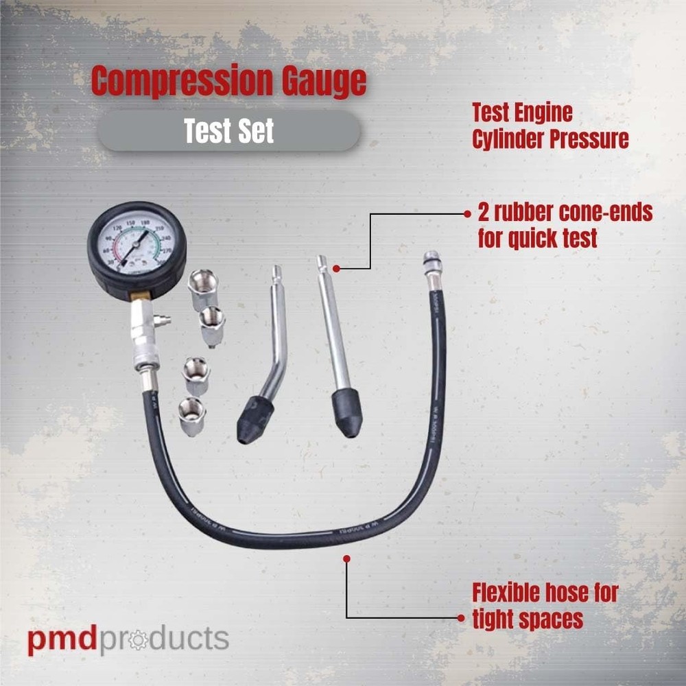 Engine Compression Tester Kit – Small Engines with 10MM, 12MM, 14MM, 18MM Adap.