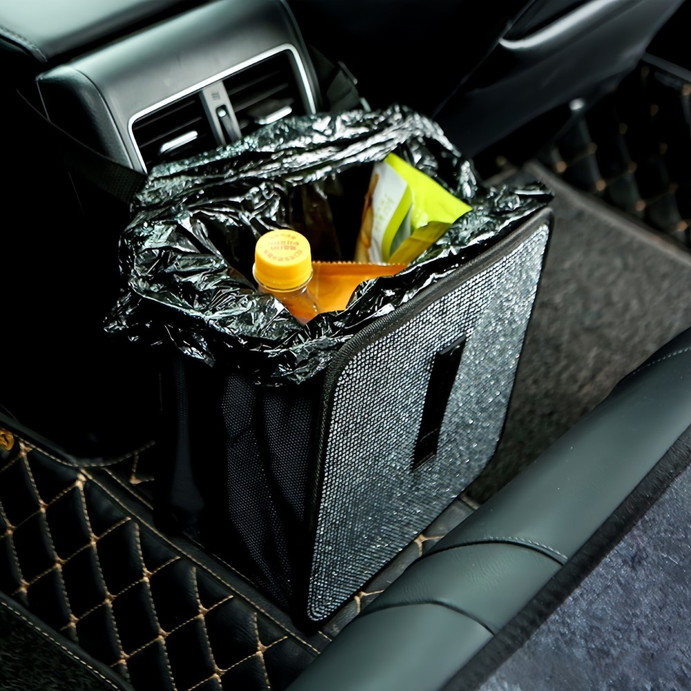 Bling Car Trash Can with Rhinestones, Foldable Hanging Bin & Multi-Functional