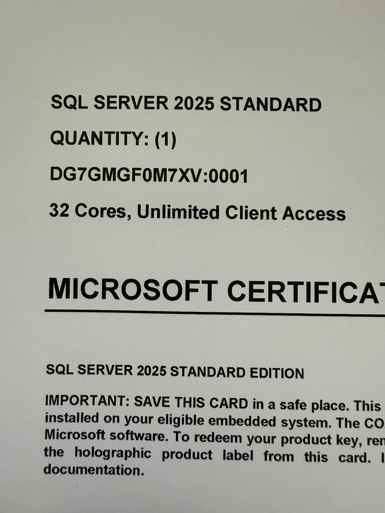 Microsoft SQL Server 2025 Standard 32 Core Unlimited User CALs CoA Authentic