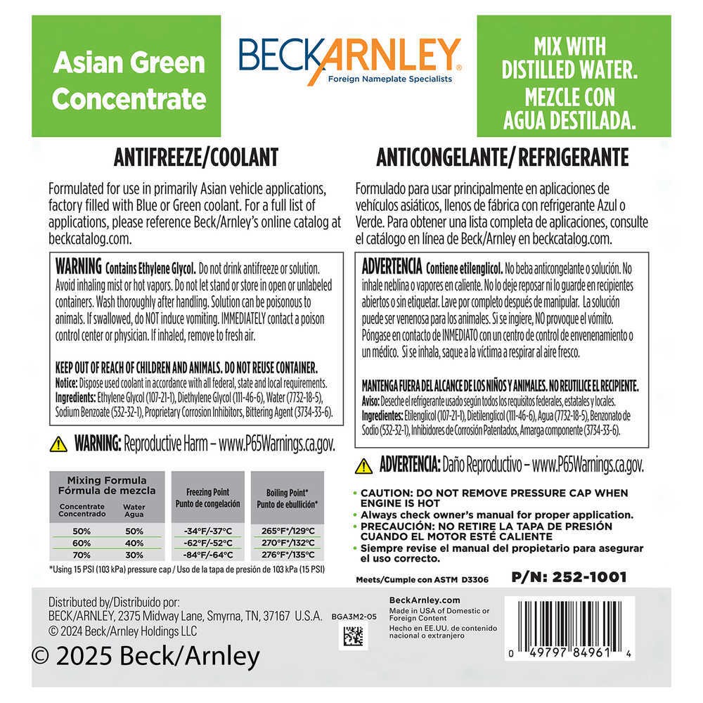 Engine Coolant / Antifreeze Beck/Arnley 252-1001