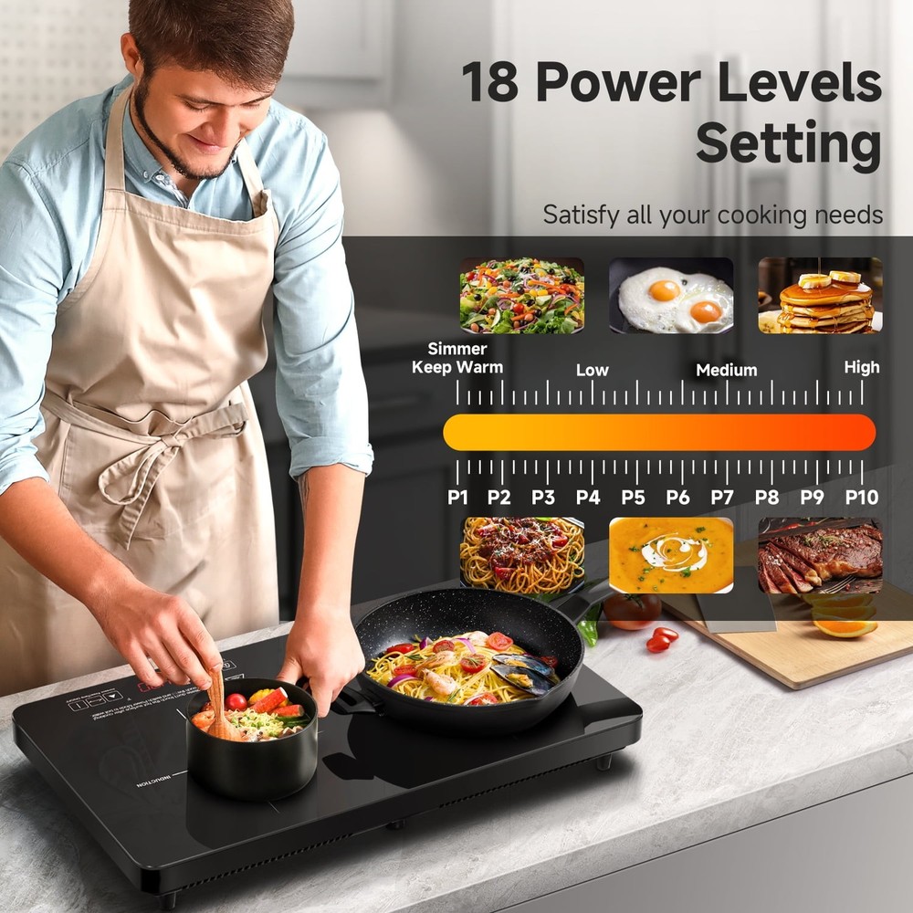 Sunmaki Double Induction Cooktop, 2 Burner, 1800W, Black, Touch Control,