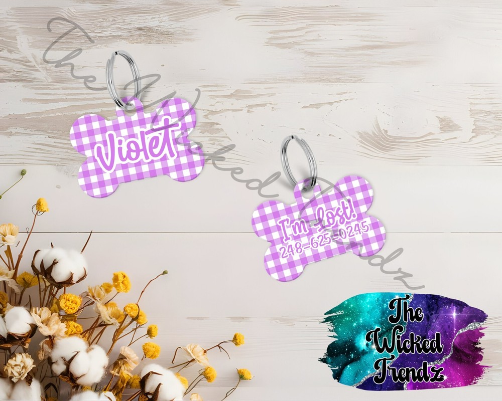 Gingham Pattern Blue Pink Yellow Custom Personalized Pet Name ID Dog Tag Number