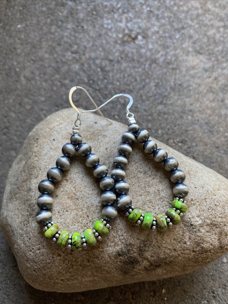Sterling Silver Green Turquoise W Pearls Bead Loop Earrings.
