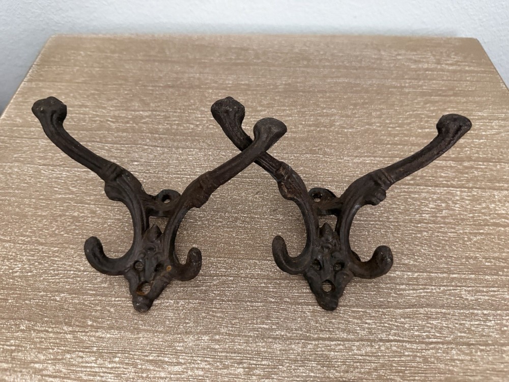 Pair Antique Victorian Cast Iron Double-Arm Wall Hooks Hall Tree Hardware Rusty