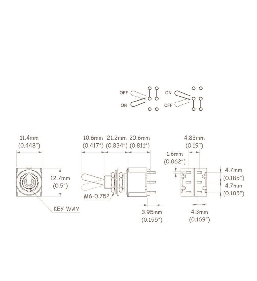 Switch Mini Toggle ON ON 2 way DPDT Black Tiaway