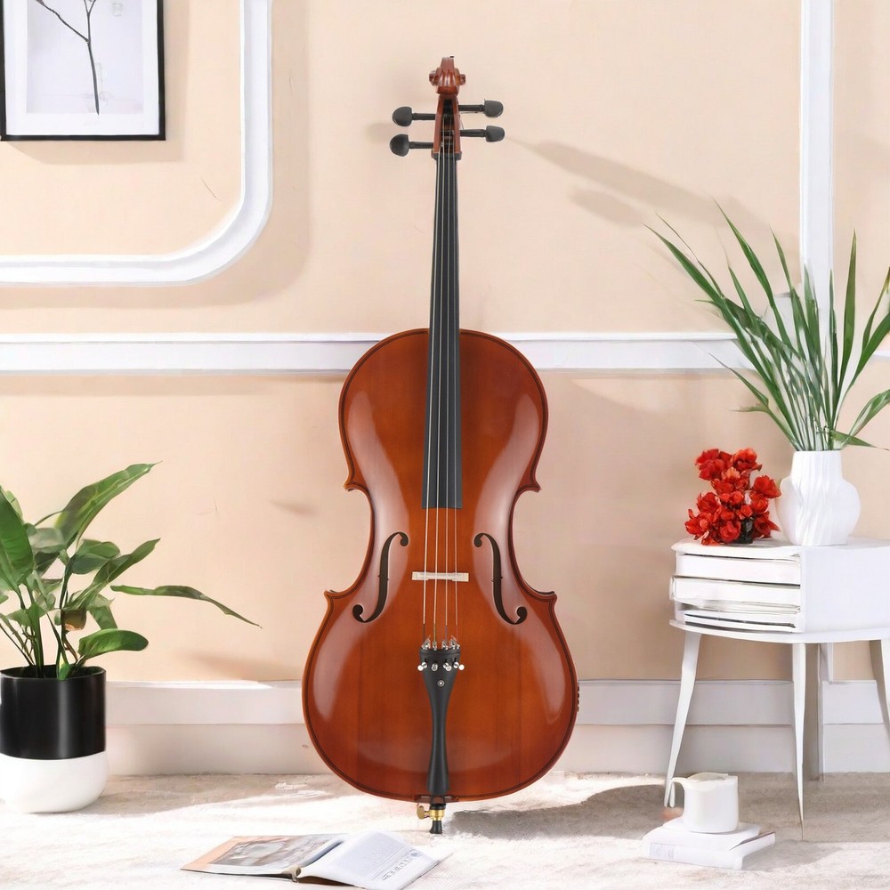 Full Size Natural 4/4 Acoustic Cello Set w/ Spruce Panel & Tiger Pattern Process