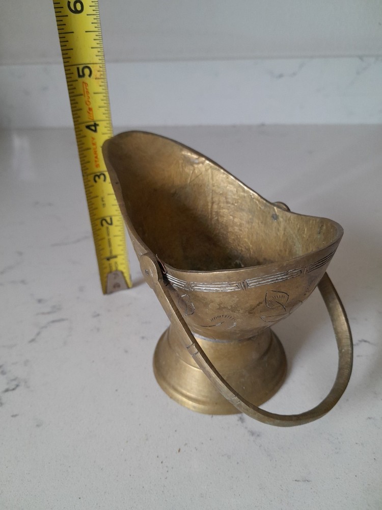Vintage Solid Brass 5" Mini Coal Scuttle Incense Burner Match Holder W/Handle