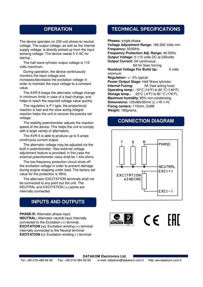 DATAKOM AVR-5 Automatic Voltage Regulator for Generator Alternators (5Amps)