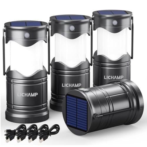 Lichamp 4-Pack Solar Camping Lantern, USB Rechargeable LED Lights with 3 Modes