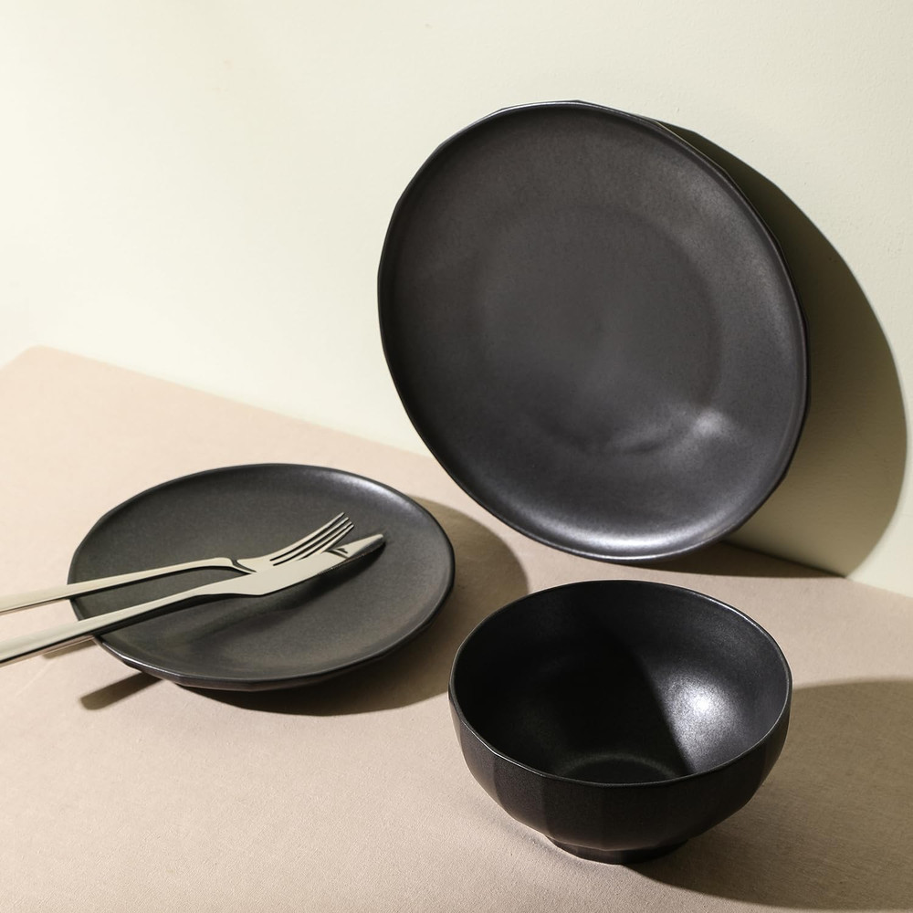 Rio 12-Piece Black Stoneware Dinnerware Set for Elegant Dining