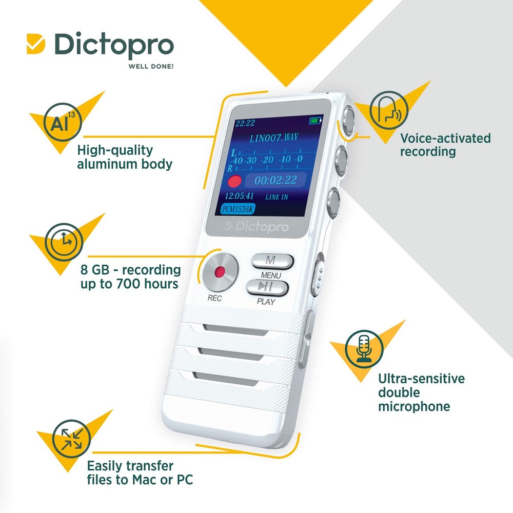 Voice Activated Digital Recorder - Ultra Sensitive Dual Mics, Small, White