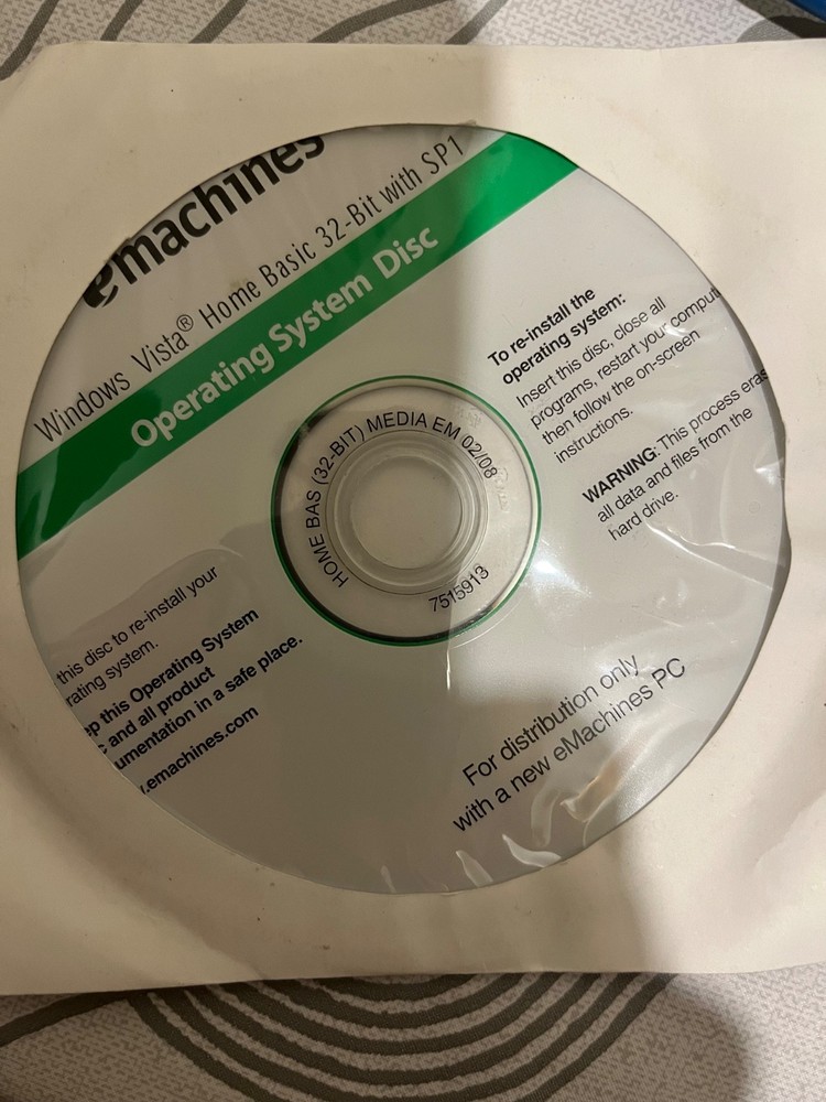 2008 eMachines Operating System Disc Microsoft Windows Vista Home Basic 32-Bit
