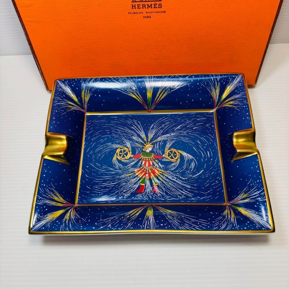 HERMES Ashtray blue gold with box
