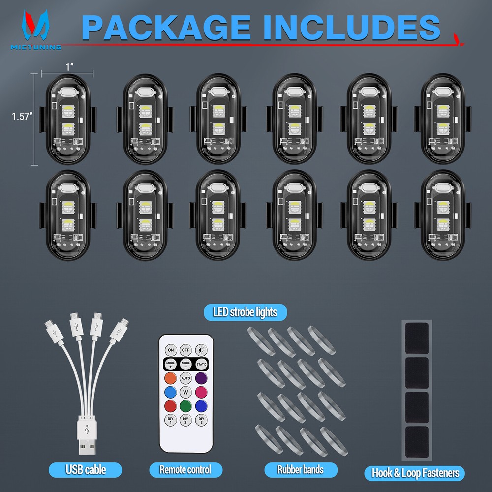 Wireless LED Strobe Lights, 12 Pcs USB Rechargeable Warning Lamp, Anti-Collision