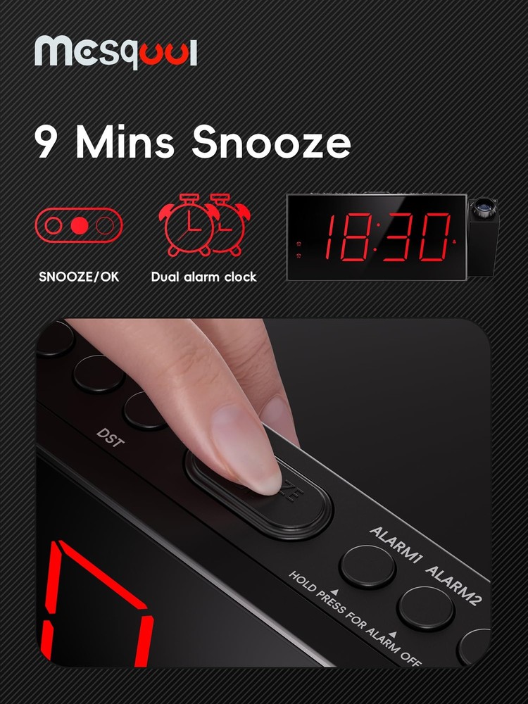 Mesqool Projection Alarm Clock, with Projection, Red Digits;