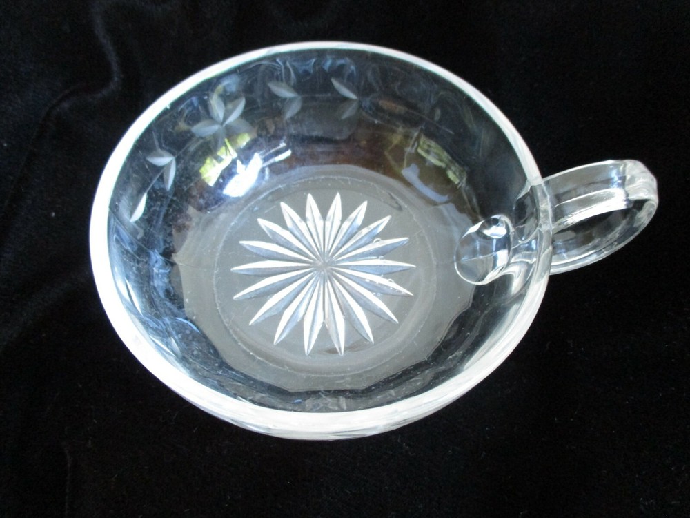 Vintage Nappy Dish Clear Etched Glass One Loop Handle Condiment Nut Candy