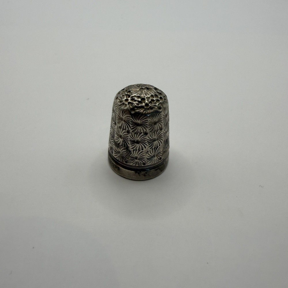 Antique Silver Sewing Thimble Floral Pattern Pierced Top Patented