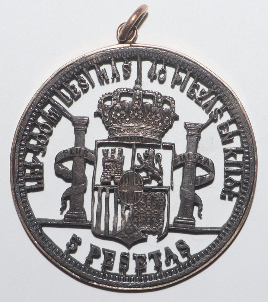 Spain 5 Pesetas Silver Cut Out with Gold Frame