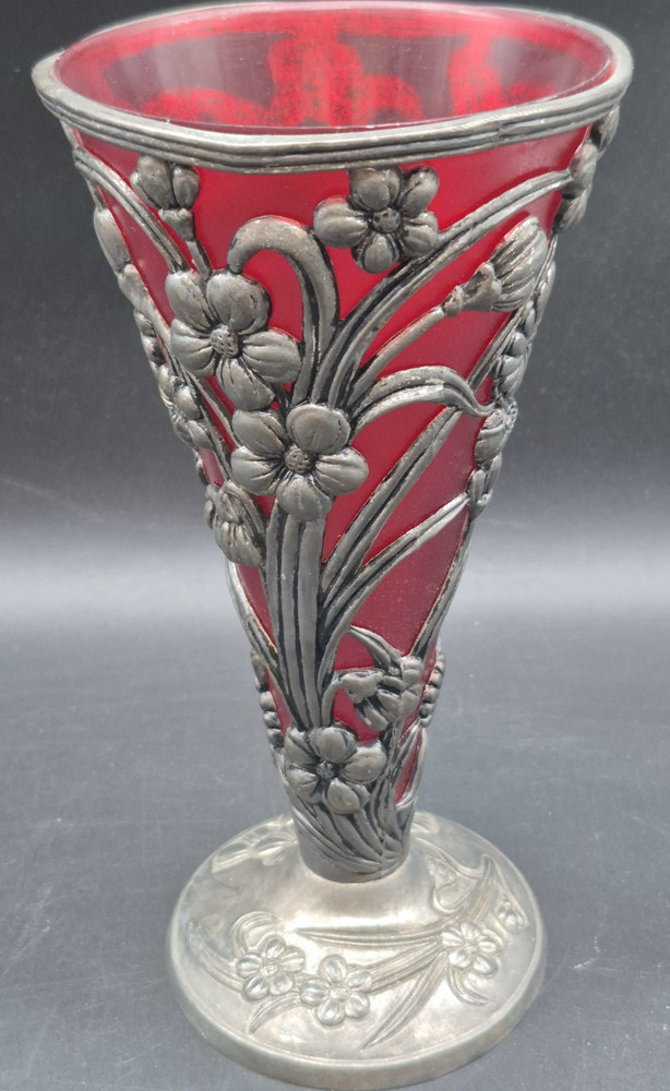 Ruby Red Vase Brass Base Vintage 10" Tall