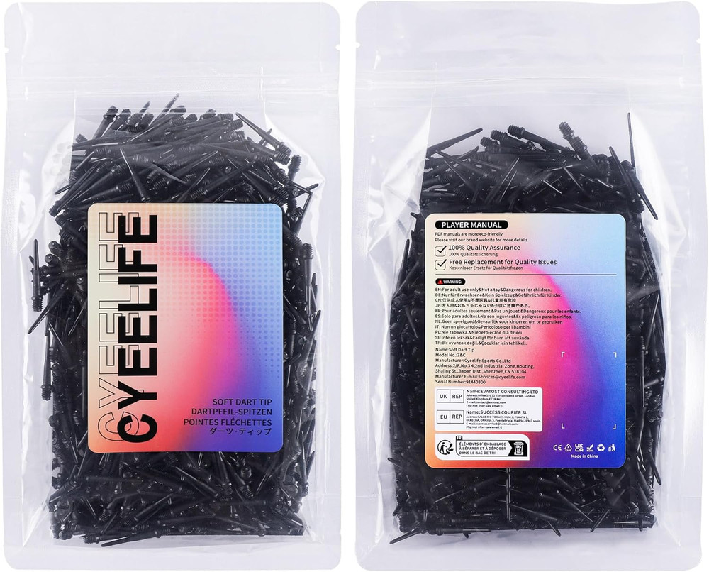 Cyeelife 2BA Thread Soft Tip Dart Points - Plastic Dart Tips - 100/1000 Pack Pre