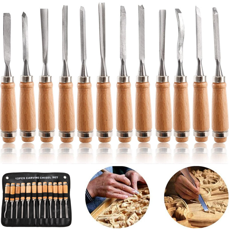 12PCS Wood Carving Hand Chisel Tool Set Professional Woodworking Gouges Steel