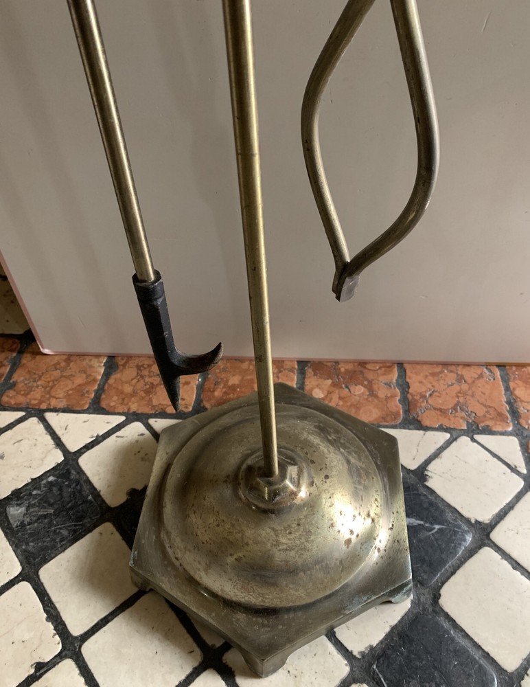 vintage cast iron brass fireplace set