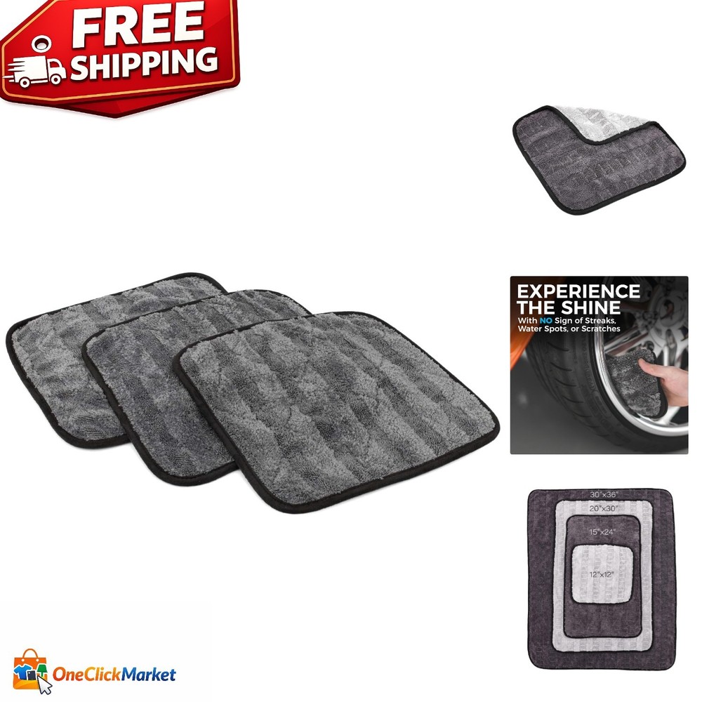 3-Pack Car Drying Towel - 12x12 Ice Grey Microfiber, Scratch-Free Design