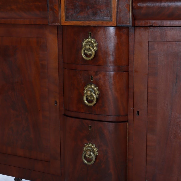 Antique American Empire Classical Flame Mahogany Sideboard, Bronze Pulls, c1840