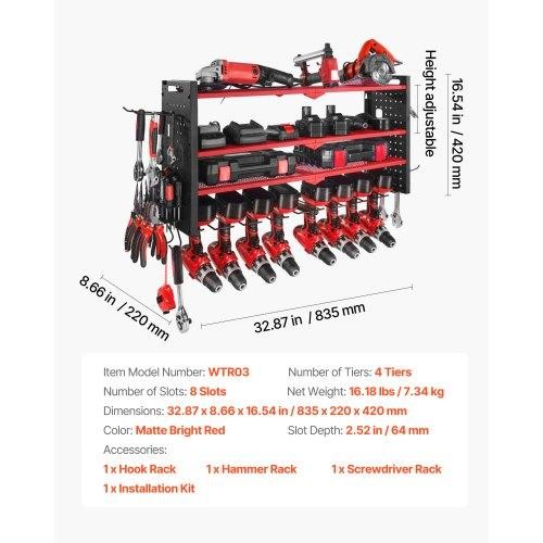 Power Tool Organizer Wall Mount 4Layer Storage Rack with 8 Drill Holders