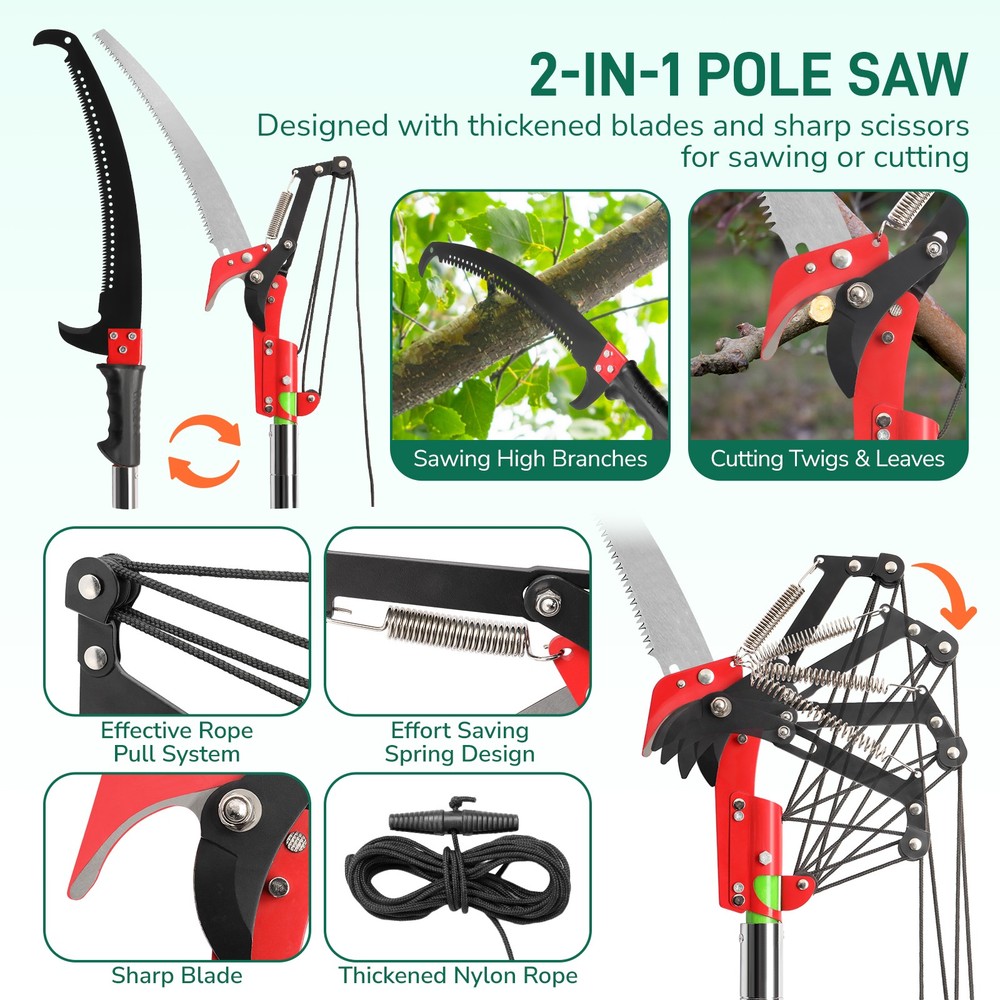 30FT Manual Pole Saw Tree Trimmers Long Handle Pruner with bag