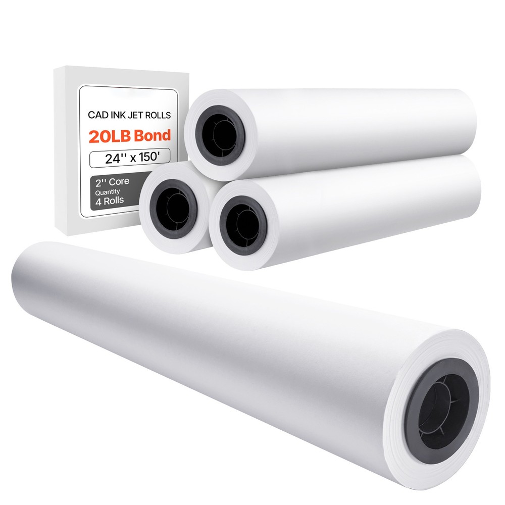 Wide Format Paper Plotter Paper 4 Rolls 24 in x 150 ft CAD Bond Rolls
