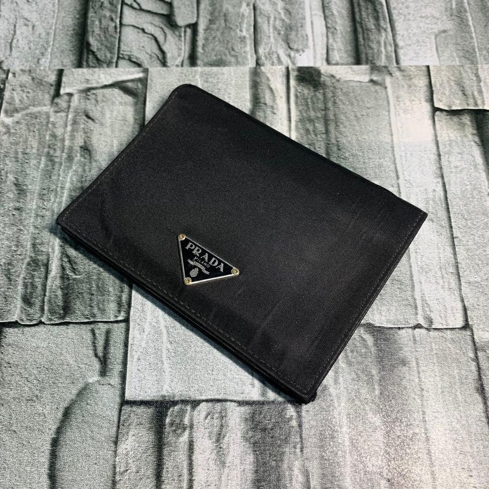 PRADA Two-Fold Wallet Nylon Leather Silver Triangle Logo Black