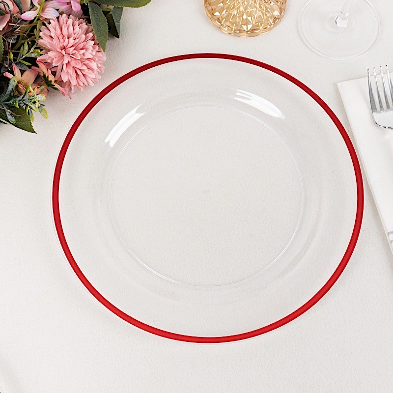 CLEAR 10 Round 10" PLASTIC Dinner PLATES Red Rim Party Events Tableware
