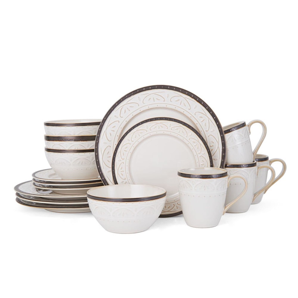 Promenade Scroll 16-Piece Stoneware Dinnerware Dinner Salad Plate Bowl Mugs