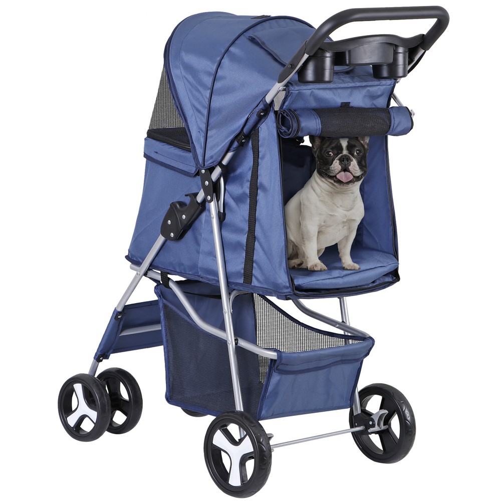 4-Wheels Folding Dog Stroller Pet Stroller for Medium Dogs Cat Stroller Blue