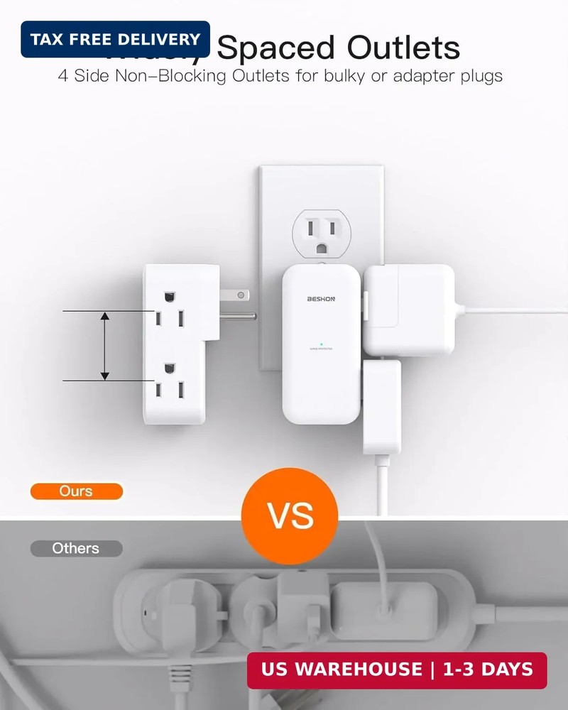 Surge Protector Outlet Extender- with Rotating Plug,6 AC Multi Plug White