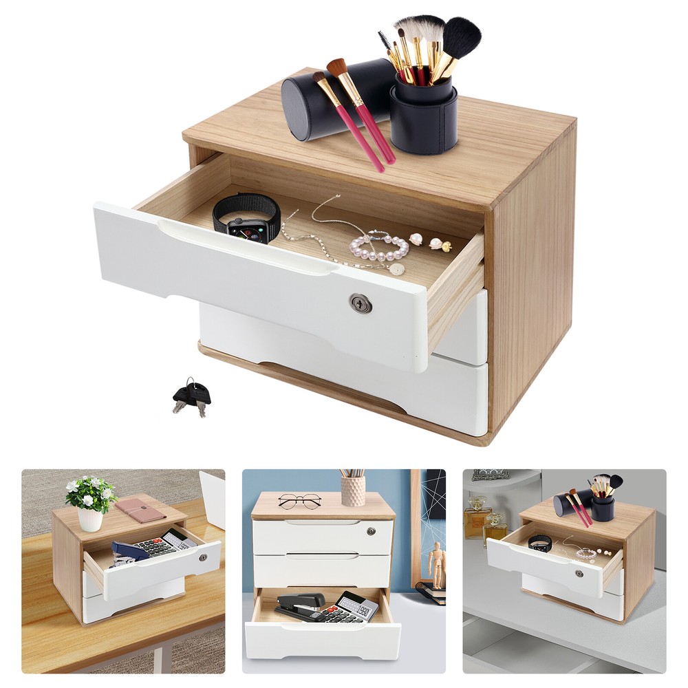 Desktop Storage Box  3 Tiers Desk Organizer, Desktop Box with Lockable Drawers