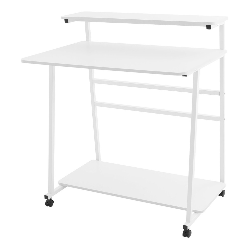 3-tier Rolling Computer Desk Mobile Desk Free Standing Home Office Table White