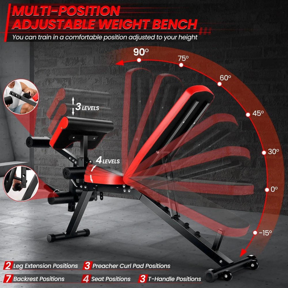 Adjustable Foldable Exercise Weight Bench Workout Bench w/Leg Extension and Curl