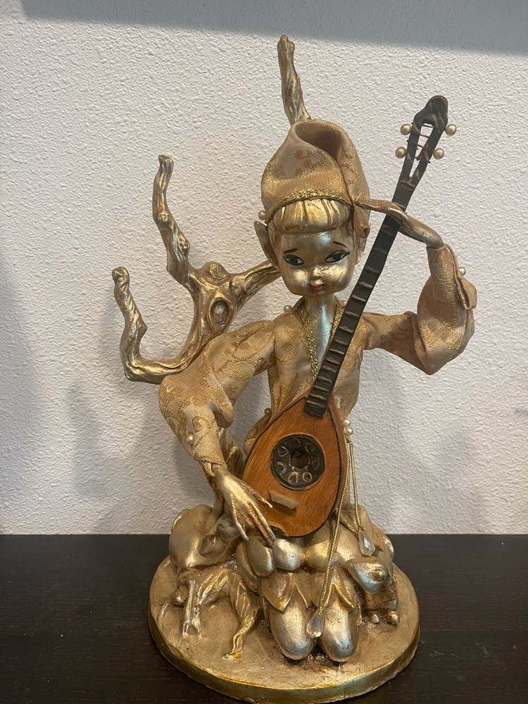 Mid Century Pixie Elf Playing Instrument With Deer Tree Lute Figure Rare ARP