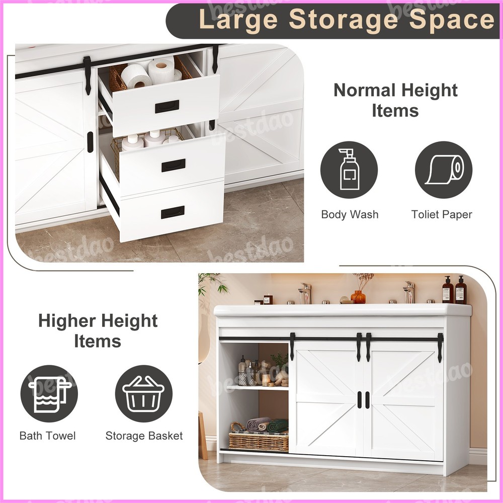 2 Drawers Bathroom Vanity Cabinet Double Ceramic Sink w/ Sliding Doors White