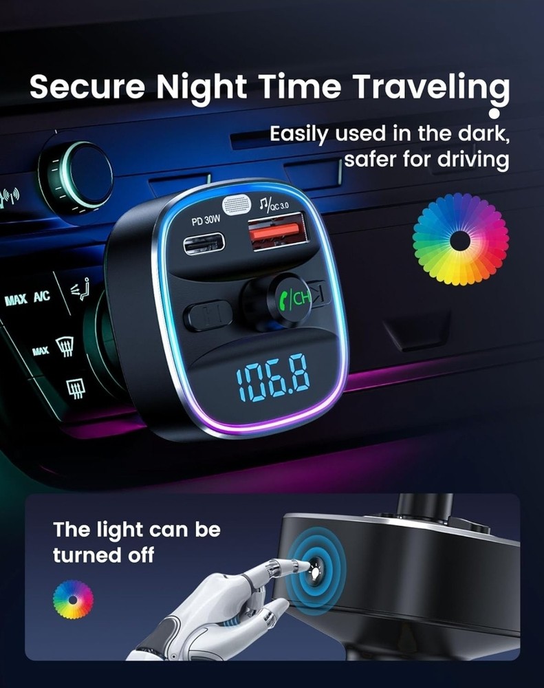 Bluetooth 5.4 FM Transmitter 48W PD30W Car Adapter Handsfree USB TF