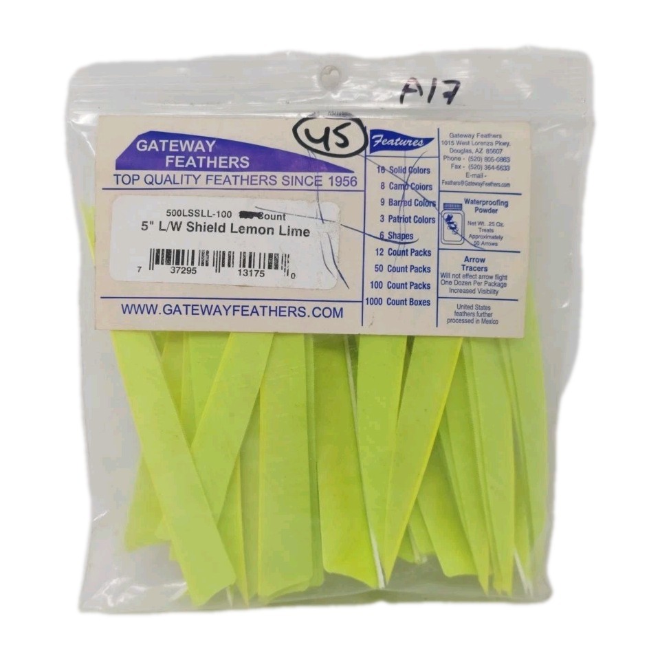 45 Count Gateway Archery Arrow Feathers 5" Left Wing: Shield Lemon Lime Green