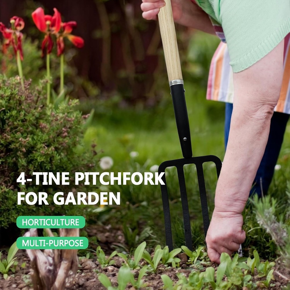 45 Inch 4-Tine Garden Digging Fork with Wood Handle