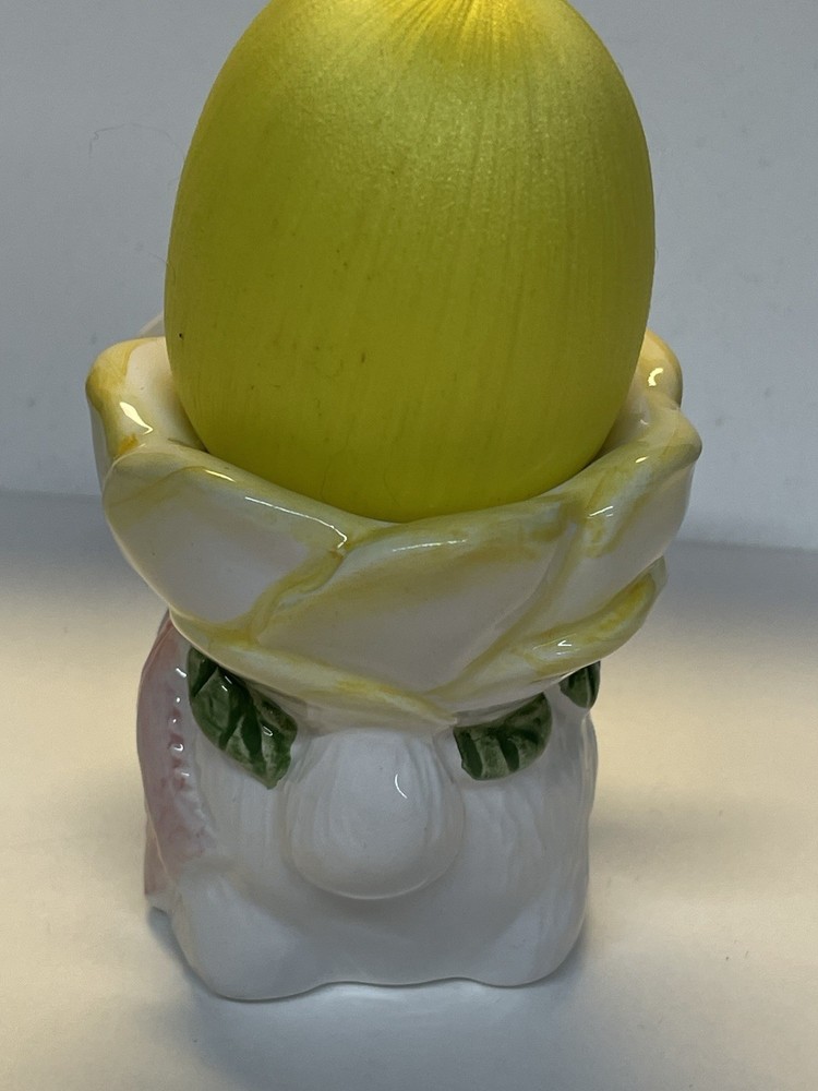 VTG Easter Bunny Rabbit Ceramic Egg Cup Holder Flower Pink Bow EUC 20% Off
