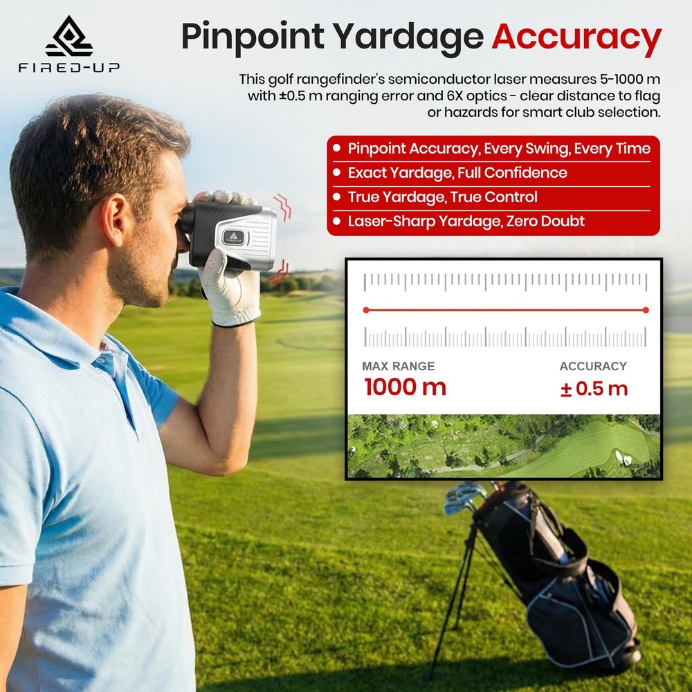 FIRED-UP Golf Range Finder - Rechargeable Laser Rangefinder Silver/Black