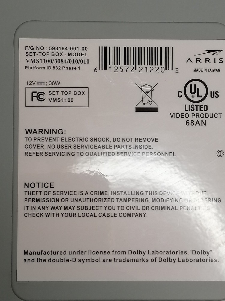 Arris Frontier VMS1100 Media Server TV Cable Box With Remote